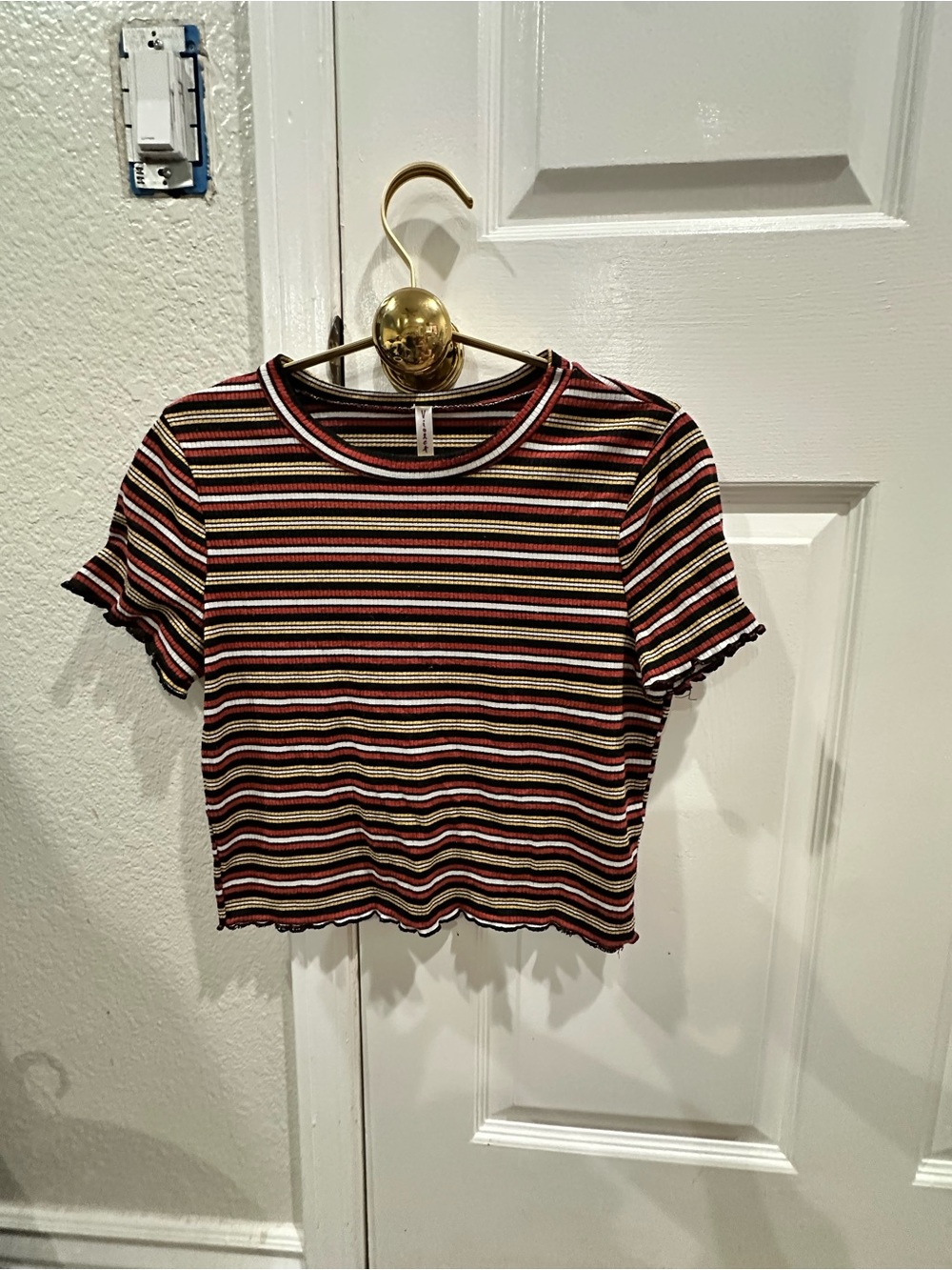 Striped Ruffle-Edge Crop Tee in Multi-Color. Y2K, vintage, retro